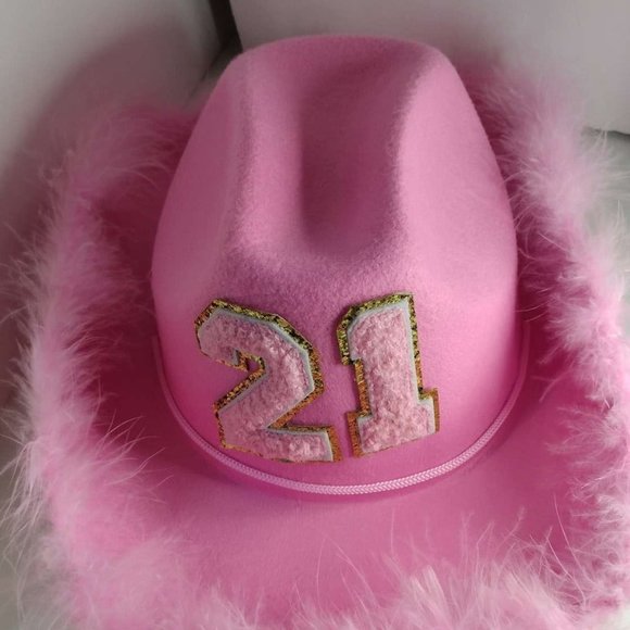 NEW 21 Birthday Cowgirl Hat with Fluffy Feathers Glasses Novelty Cowboy pink Hat - Picture 7 of 7